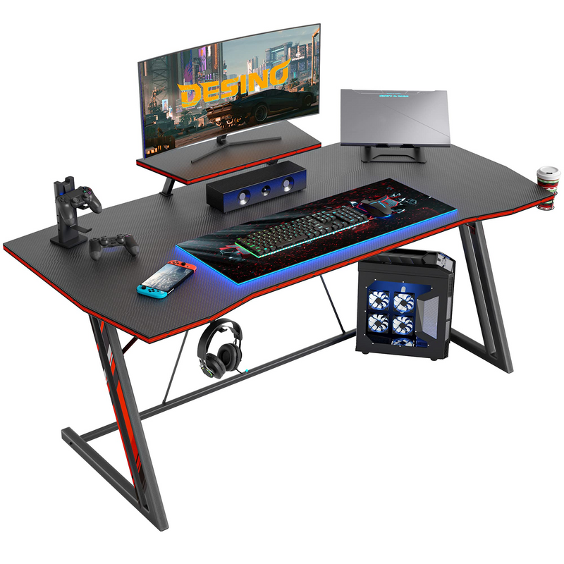 Gaming Desk 40 inch PC Computer Desk, Home Office Desk Gaming Table Z Shaped Gamer Workstation with Cup Holder and Headphone Hook, Black