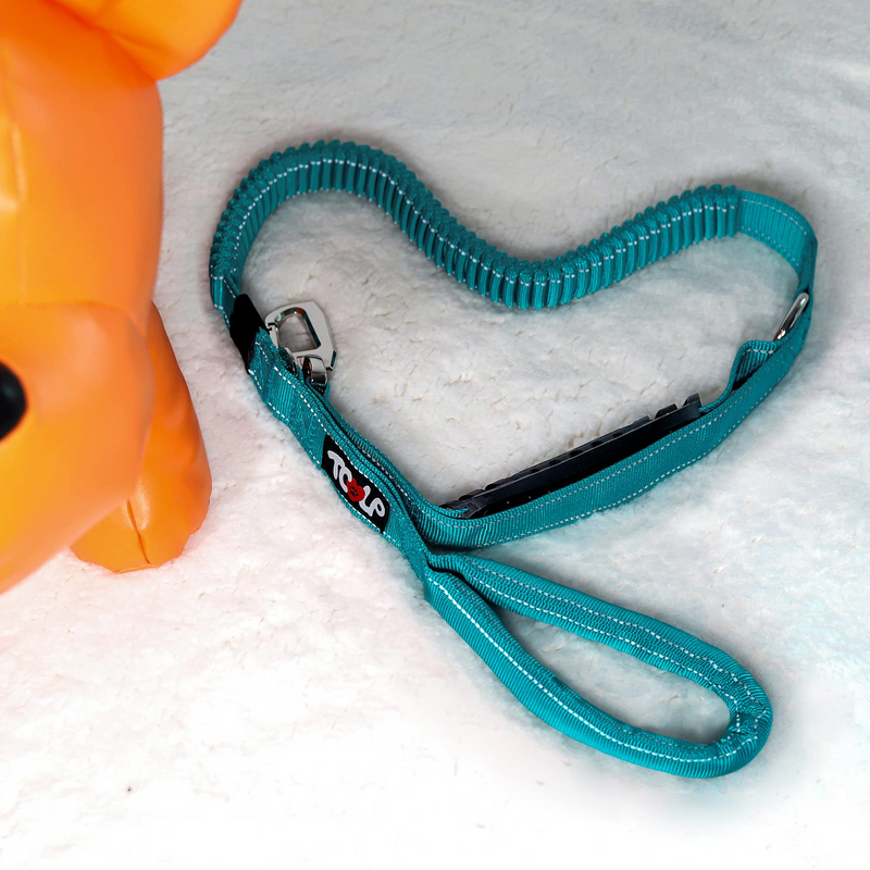 Heavy Duty Dog Leash Stretchy Bungee Multifunctional Solid D-Shape Clasp Pet Leash with Car Seat Belt and 2 Padded Traffic Handle for Large Dog