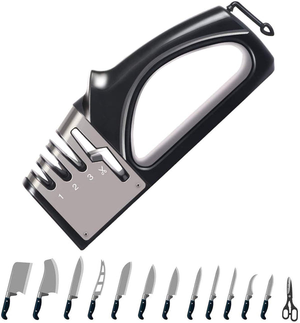 Knife Sharpener, 4 in 1 Manual Knife Scissor Sharpener, Professional Kitchen Knife Sharpen Tool with Ceramic, Tungsten Steel, Diamond Sharpening Groove