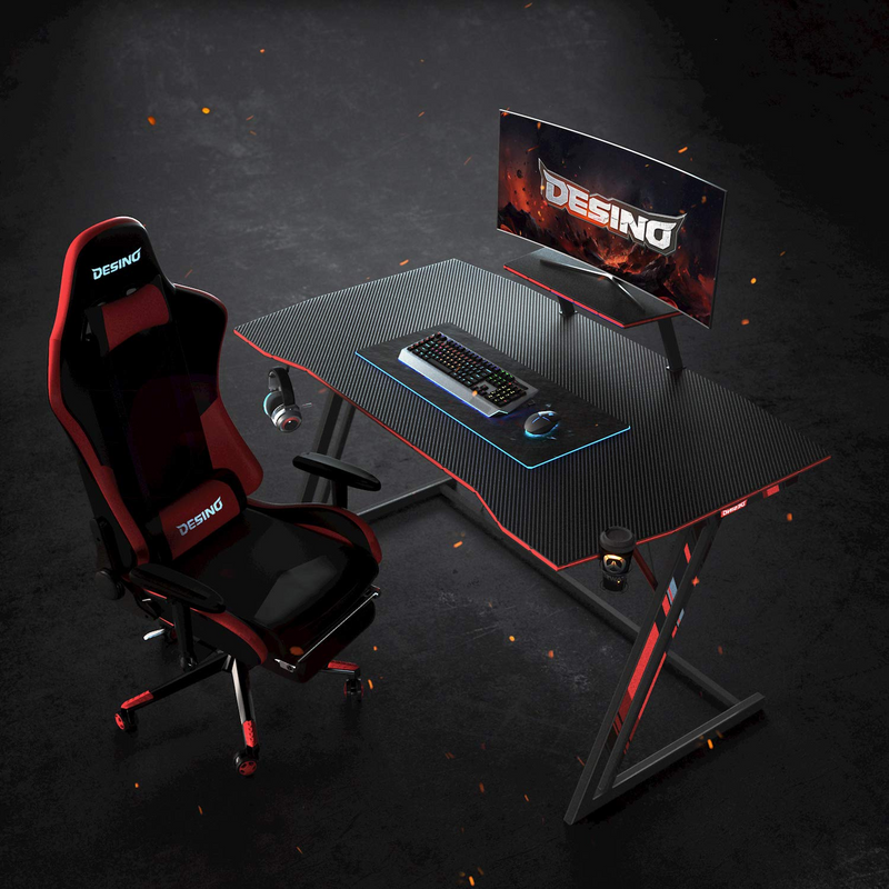 Gaming Desk 40 inch PC Computer Desk, Home Office Desk Gaming Table Z Shaped Gamer Workstation with Cup Holder and Headphone Hook, Black