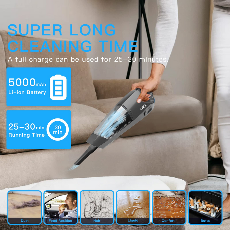 Handheld Vacuum Cordless - 5000mAh Rechargeable Battery 8000Pa Durable Aluminum Alloy Motor Portable Vacuum Cleaner, 120W High Power Suction Wet Dry Hand Vacuum for Car Home Office