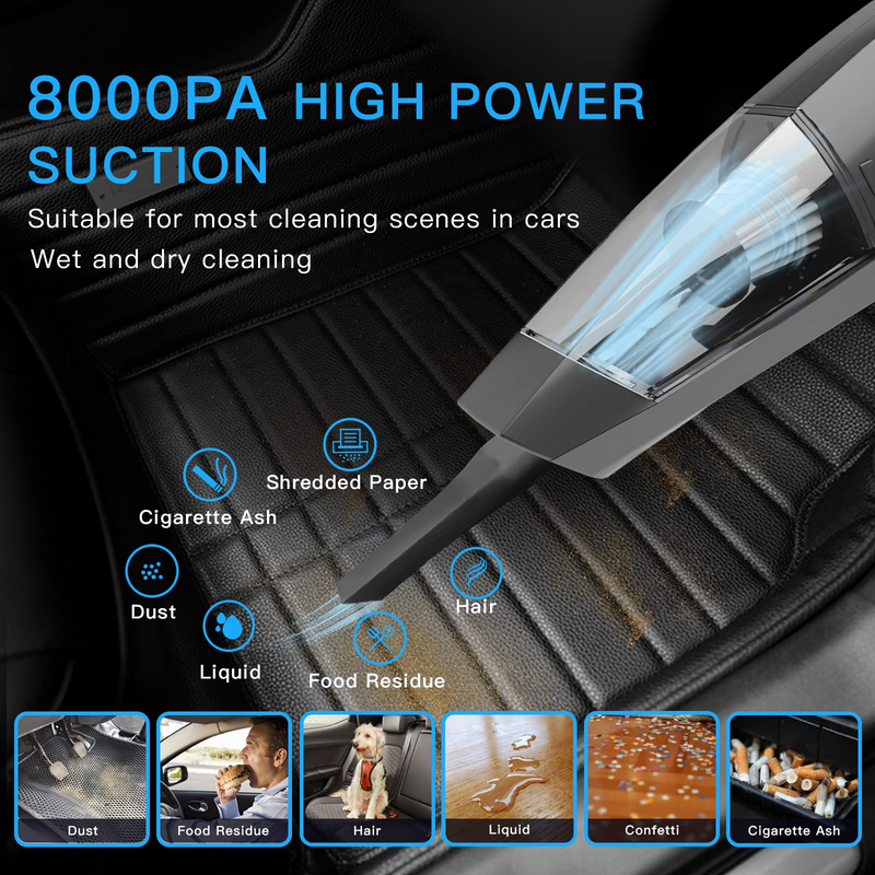 Car Vacuum Cleaner - 8000Pa Portable Vacuum Cleaner for Car Durable Aluminum Alloy Motor 120W High Power Suction, 16Ft Cord 12V Wet Dry Handheld Vacuum for Car Auto Kit