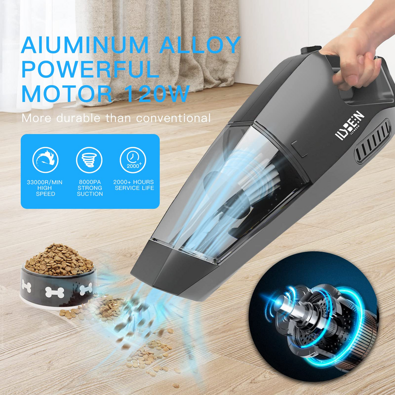Handheld Vacuum Cordless - 5000mAh Rechargeable Battery 8000Pa Durable Aluminum Alloy Motor Portable Vacuum Cleaner, 120W High Power Suction Wet Dry Hand Vacuum for Car Home Office