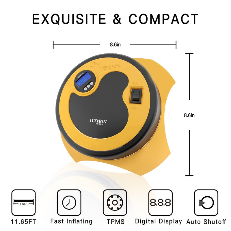 ILYBEEN Tire Inflator Portable Air Compressor, DC 12V Auto Tire Pump, Digital Air Pump with LED Light for Car Tires Bicycles Motocycle Basketball, Long Power Cord Auto Shut Off（Black/Orange）
