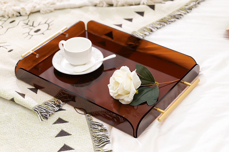 Home Large Decorative Serving Tray for Dining Table, Coffee Table, Vanity, Ottoman, Console Table with Wide Polished Gold Metal Handle-Elegant Home Kitchen Living Room Serving Organiser 12X16”
