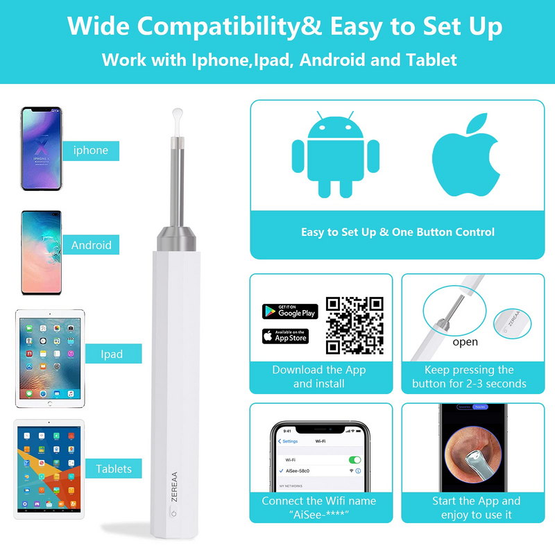 Ear Wax Removal, Ear Cleaner, Earwax Remover Tool with 1080P FHD, Wireless Endoscope Ear Camera Ear Pick Cleaning Kit, USB Charge Waterproof Otoscope for iPhone, iPad & Android Smart Phones